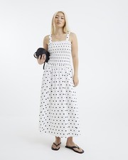 River Island Womens Midi Dress White Polka Dot Shirred Square Neck Sleeveless