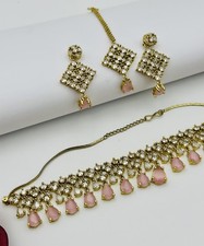 Antique Gold Plated American Diamond Necklace With Earring And Maang tikka Set