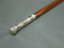 Vintage Solid Silver Brass Handle Antique Victorian Cane Wooden Walking Stick