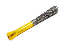 VINTAGE White Metal Silver Intricate Filigree Cigarette Cheroot Holder - Yellow