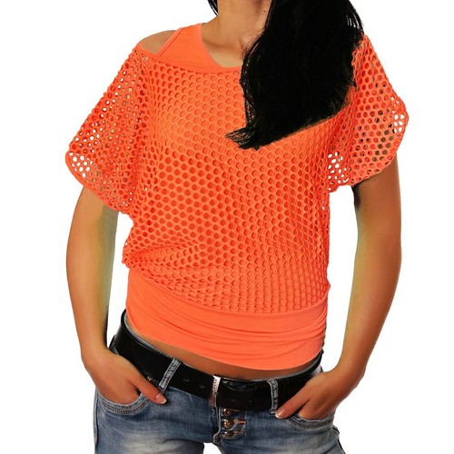Womens neon orange fishnet top - womens,
