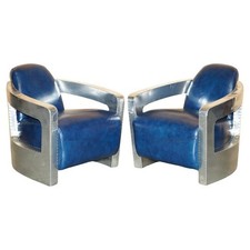 FINE PAIR OF NAPOLEONIC BLUE LEATHER POLISHED ALUMINIUM AVIATOR ROCKET ARMCHAIRS