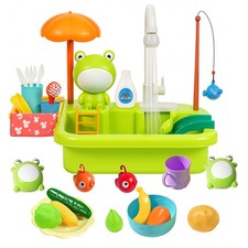 Kid 2 in 1 Kitchen Set Sink & Fishing Set With Running Water Dishwasher Play Toy