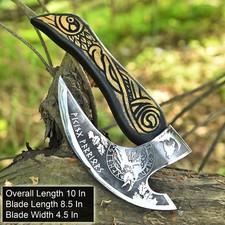 Handmade Viking Axe Pizza Cutter  Golden Engraved Handle Carbon Steel Blade Gift