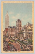 New York City New York, Public Library Old Cars Trolleys Buses, Vintage Postcard