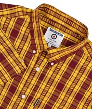 LAMBRETTA BURGUNDY S/S CHECK SHIRT LARGE L MOD BRUTUS DR MARTENS OXBLOOD