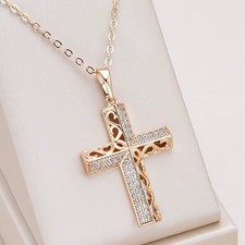 Elegant Chain Cross Pendant Zircon 585 Rolled Rolled Rose Gold 14K Jewelry Box