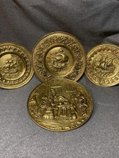 Vintage Rustic Brass Wall Plaques Sailing Ships & Victorian Bar Ale House Scene