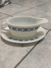 JAJ Pyrex Vintage Chelsea Pattern Gravy Boat with Matching Saucer Mid Century