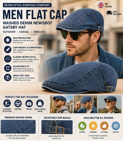 Men flat cap washed newsboy - flat,