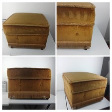 Vintage 1970s -  Gold Velour Pouffe Footstool Seat Padded - Trim Fringe Wheels
