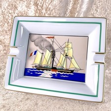 Vintage Hermes Cigar Ashtray Porcelain Change Tray Sailing Boat Gold Rim