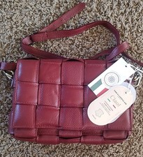 NEW Viola Castellani Woven Fine Italian Leather Crossbody Bag, Rubino Burgundy