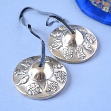 Tibetan Buddhist Tingsha Bells with 8 Auspicious Symbols - Silver - Large