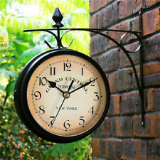 Large Outdoor Garden Station Wall Clock Double Sided Bracket Rust Copper Effect