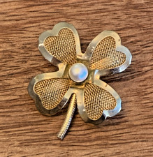 Vintage CORO Gold Tone Faux Pearl Brooch Pin Four Leaf Clover Irish St. Patricks