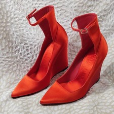 Aso Burberry Prorsum Crayford Womens Satin Wedge High Heels Size UK 4 Red Orange