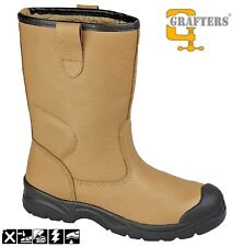 MENS GRAFTERS SAFETY WATERPROOF FAUX FUR LINING TAN RIGGER WORK WIDE FIT WELLIES