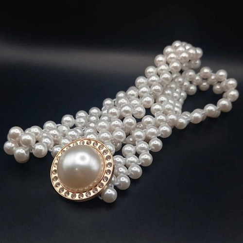 White pearl beaded elastic - white,