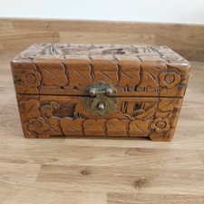 Antique Chinese Small Hand Carved Camphor Wood Brass Clasp, trinket box chest