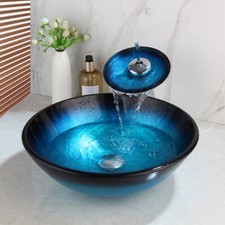 Black Bathroom Glass Vessel Sinks Blue Basin Bowl Combo Waterfall Faucet Drain