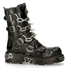 New Rock Unisex M.727-S1 Black Leather Boots Skull Chain Flame Reactor Boots