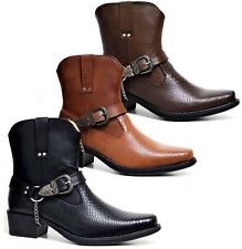 MENS GENTS COWBOY RIDING ANKLE CUBAN HEEL SLIP ON HARNESS BIKER CHAIN BOOTS SHOE
