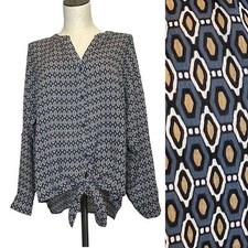 Pleione Tie-Front Blouse Blue Tan Pattern Long Sleeve Roll Office Shirt Top Med