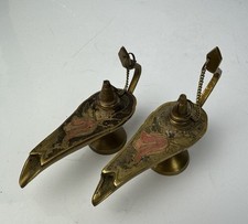 Handpainted Vintage Brass Chirag, Aladdin Genie Lamps With Enamel Detail X2