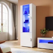 High Gloss White Tall Display Cabinet Sideboard Storage Cupboard with LED Lights