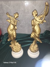 Art Deco Pair of Spelter  Fugurines On Wodden Base 42cm & 37cm Tall