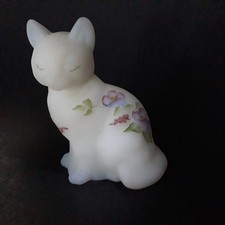 Fenton Satin Glass Burmese Cat  Hand Painted Flowers Blue tint  Ears Paws Signed