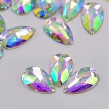 50x AB Clear Sew On Acrylic Flat Back Teardrop /Pear Rhinestones Round Embellish