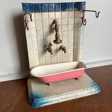 Rare Vintage Dolls House Tin Plate Shower Cubicle Metal Fittings Taps With Bath