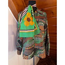 Vintage 70s Crazy Daisy Green and Orange Striped Scarf 