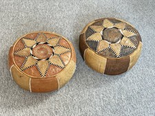 2 x Vintage Moroccan Leather Pouffe Ottoman Handmade True Mid Century Boho Retro