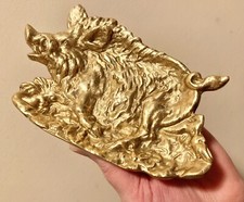 Antique Wild boar w Tusks Bronze / brass trinket coin Card Tray 13oz Pig