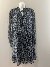 Primark Dress Women Sz 10  Black With Floral White Long Sleeve Polyester Rufle