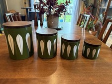 Vintage Green Wooden Catherineholm Canisters with Lotus Design Set of 4