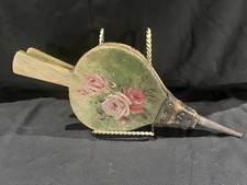 Vintage Green Hand Painted Folk Art Fireplace Bellows Floral Leather Brass