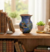 Vintage Crazed Glaze Art Pottery Vase Cobalt Blue Kingfisher Flower UK