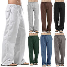 Men Casual Cotton Linen Baggy Trousers Wide Leg Elastic Waist Loose Harem Pants
