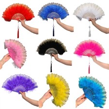 Feather Folding Fan Dance Hand Fan with Pendant Tassels Performances Wedding