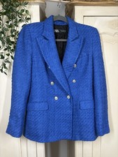 Zara Sz M 10/12 Royal Blue Textured Boucle Tweed Double Breasted Blazer Jacket