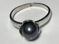Sterling silver '925' and round genuine grey pearl floral bud ring band size O