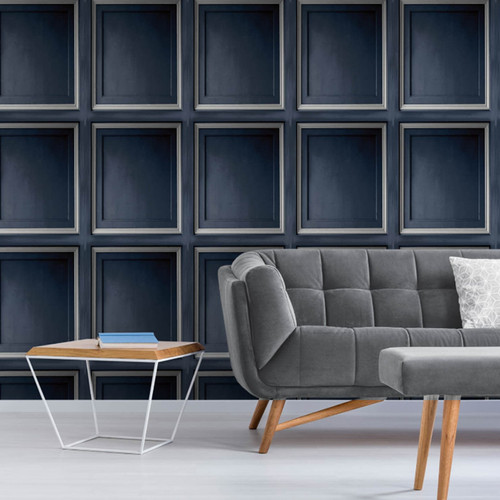 Navy gilded panel wallpaper - navy,