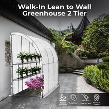 Walk-In Lean to Wall Greenhouse w/Window&Door 214Lx 120W x 215Hcm Portable White