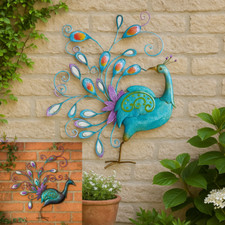 Garden 3D Metal Mirrored Rainbow Peacock Hand Painted Wall Art Ornament 60cm