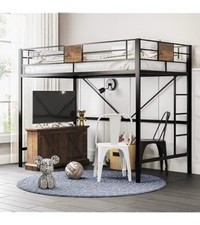 Metal Loft Bed Frame with Full-Length Safety Guardrail for Space Efficiency