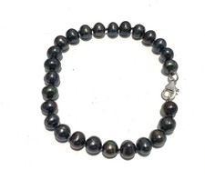 925 Silver  Cultured Natural  Black Pearl Bracelet, 19.5cm , O30